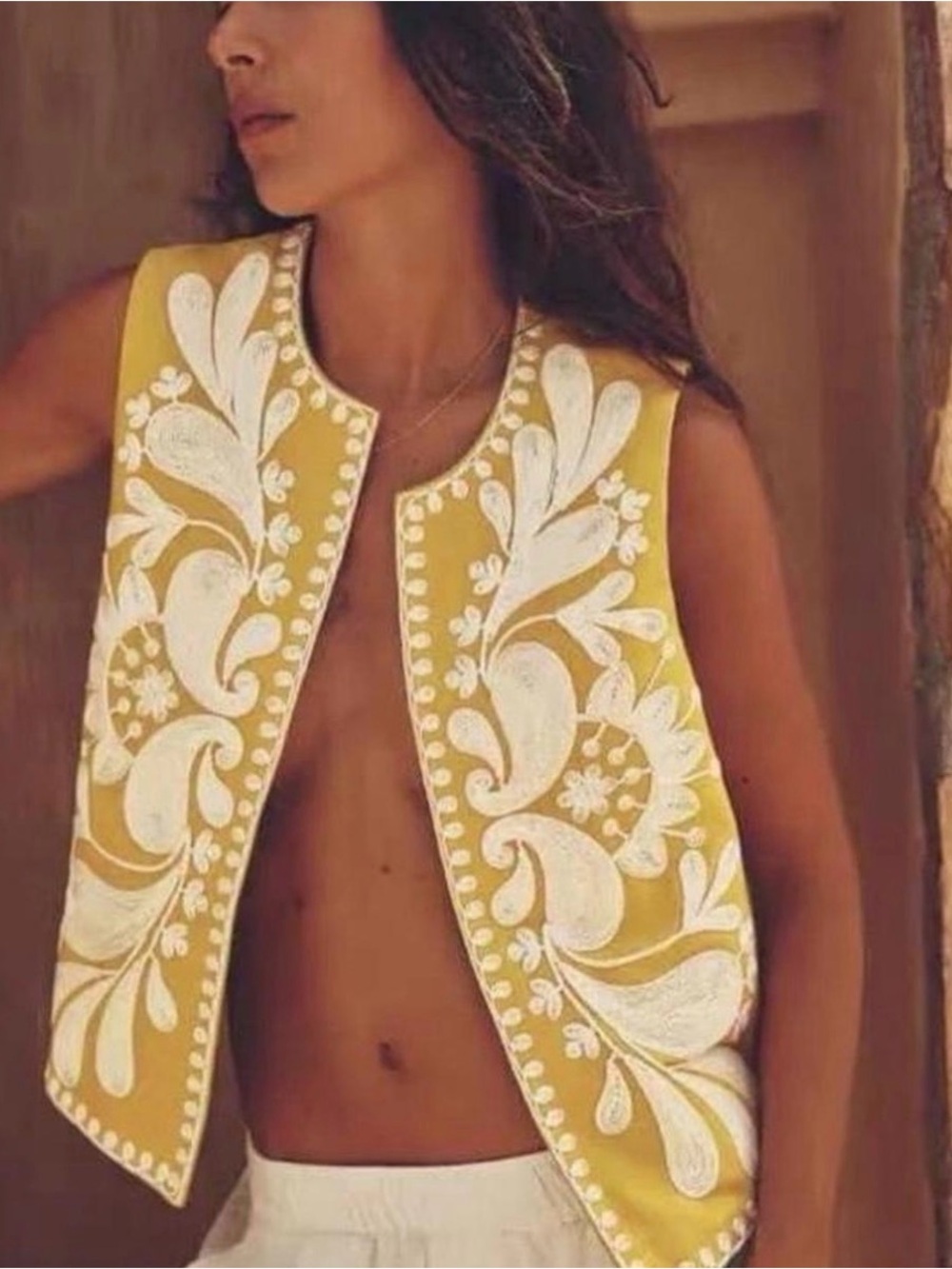 Embroidered Yellow Sleeveless Vest - Women's Decorative Layer s